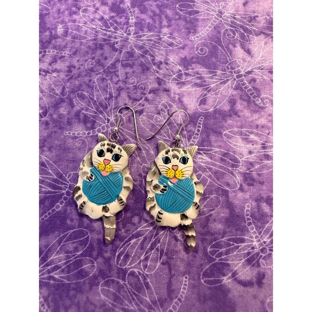 Womens Cat Kitten Wood Drop Earrings  Playing with Blue Yarn Whimsical Novelty